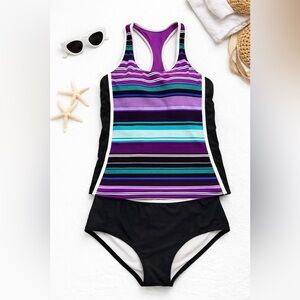 Striped Tankini Swimsuit Set Purple Black Blue | Athletic Swim